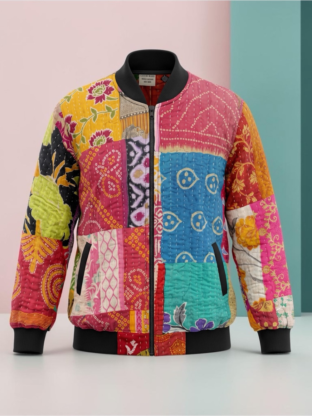 ASHLEY TAYLOR NWT Genuine Kantha Boho Patchwork Bomber Jacket 100% Cotton, O/S